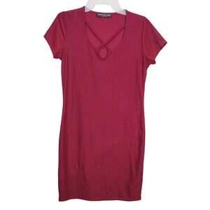 Absolute Angel Dress Womens M Burgundy Crisscross Lattice Neck Short Sleeve Mini